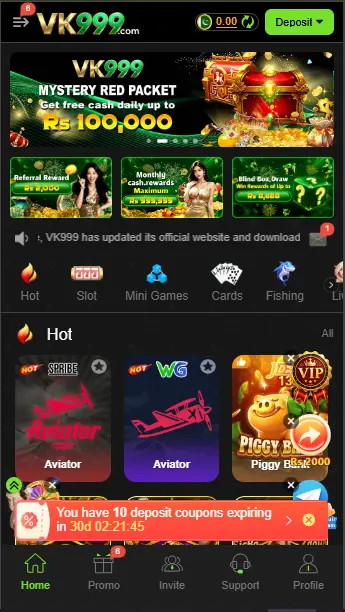 VK999 Game features and account dashboard]